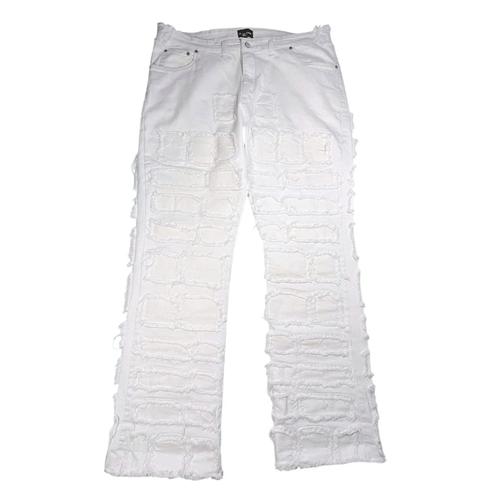 NINEFIVE Patchwork Jeans Mens 42 White Deconstructed Frayed Stacked Denim Grunge